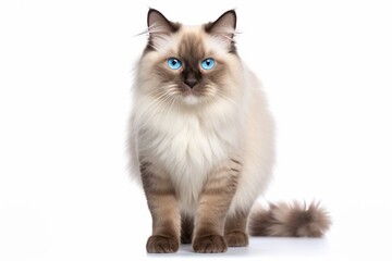 Beautiful adult mink Ragdoll cat, standing facing camera. Looking straight in lense with mesmerising aqua greenish eyes. One paw playful lifted. Isolated on a white background. : Generative AI