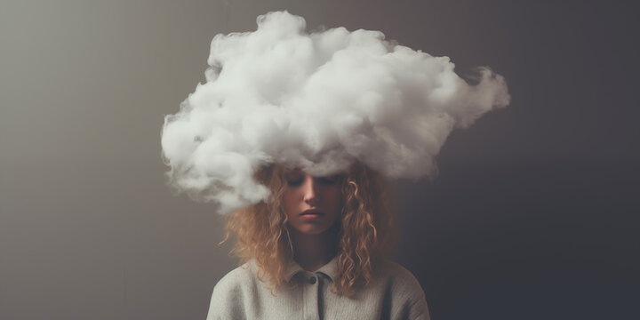 Woman obscured by cloud showing solitude, depression, mental health, emotional struggles