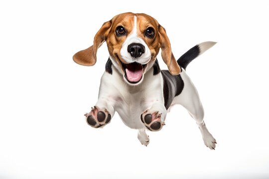Friend. Portrait of funny active pet, cute dog Beagle posing isolated over white studio background. Concept of motion, action, pets love, animal life. Looks happy, delighted. Copyspace : Generative AI