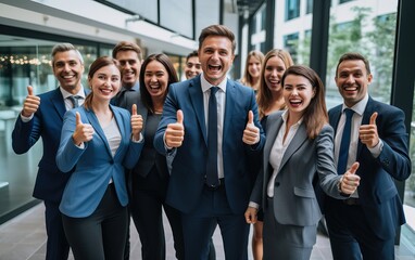 Businessman thump up standing and smile, over big group of businesspeople background