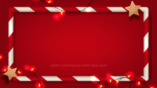 Christmas vector background with Square candy  frame, Stars, Decoration lights on Red background.