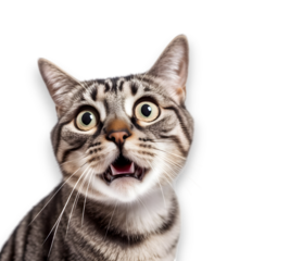 front view, Close-up of a cute tabby cat's head, looking  up with wide-open surprised eyes,  isolated on transparent background.