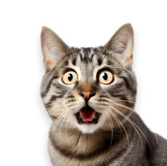 front view, Close-up of a cute tabby cat's head, looking at the camera with wide-open surprised eyes,  isolated on transparent background.