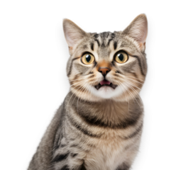 front view, close up,  portrait of a cute brown tabby cat isolated on transparent background, looking at the camera with wide-open eyes.