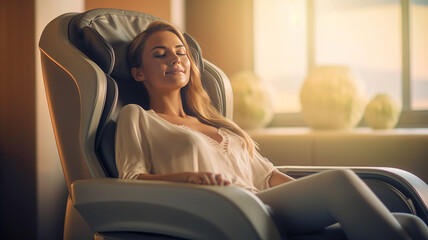 Woman relaxing on electric massage chair in living room.