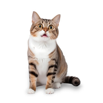 front view, a cute brown tabby cat is sitting in front of a transparent background, looking up with wide-open eyes.