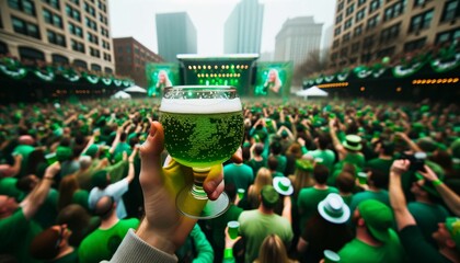 Obraz premium Lively Street Party: Hand Grasping Green Beer in the Midst of a St. Patrick's Day Crowd