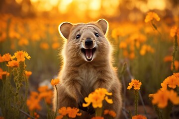 Fototapeta premium Playful quokka with a big smile, sitting on a flower field, looking at the camera, in Australian wilderness, basking in the summer sun.