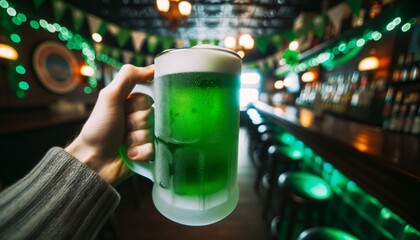 St. Patrick's Cheers: Hand Holding a Mug of Green Beer in an Empty Bar Scene - obrazy, fototapety, plakaty