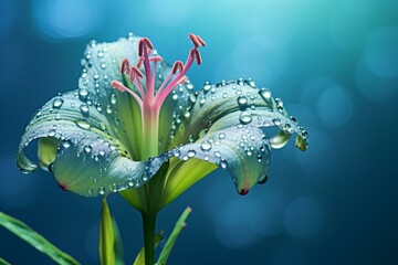 a flower with water droplets, green background, blue sky, and other elements in the foreground. Generative AI