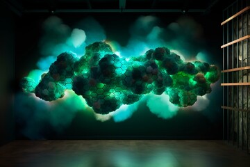 Green and turquoise cloud formation lit by fluorescent light, framed by hexagons in a dark environment. Generative AI
