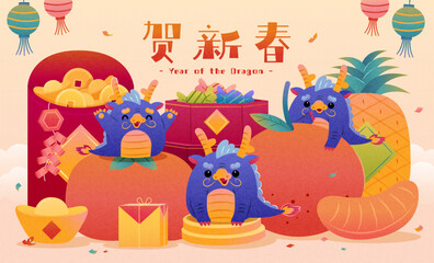 Cute dragons CNY greeting card - obrazy, fototapety, plakaty
