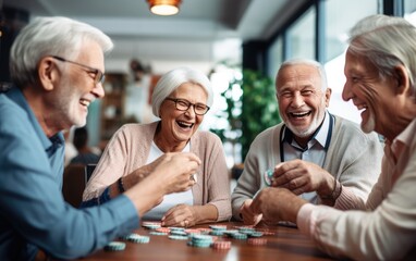 Group of seniors playing cards and sharing laughter in a retirement nursing home - obrazy, fototapety, plakaty