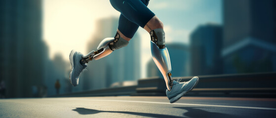 the leg of A man with prosthetic leg running.