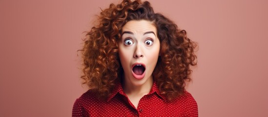 Curly haired girl with expressive face amazed and presenting your product