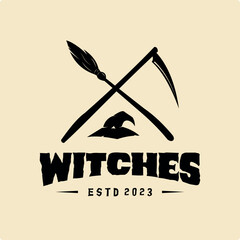 broom stick and witch hat halloween logo design