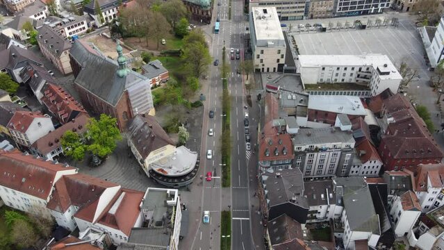 Spittel street traffic and Stiftsplatz in downtown Kaiserslautern, Germany. Aerial