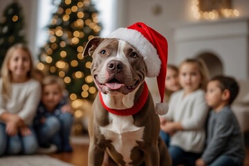 A playful pitbull dog, adorned with a whimsical Santa hat, romps on a cozy sofa in the heart of a lovingly decorated living room surrounded by children