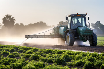 Fototapeta premium A farmer is spraying pesticides on a field using a spray machine