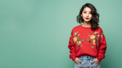 An Asian woman wearing floral pattern sweatshirt isolated on pastel