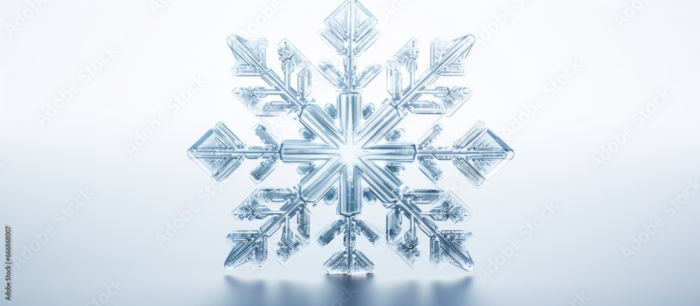Poster real snow crystal macro photo taken on glass surface with led back light depicting small snowflake w