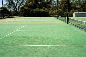synthetic court in a park in summer, tennis court with a net