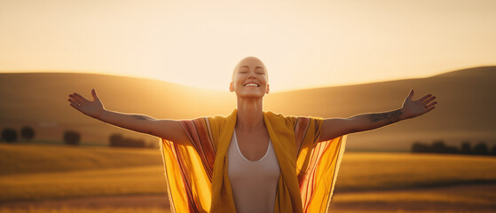 Backlit Portrait of calm happy smiling free breast cancer survivor woman with open arms and closed eyes enjoys a beautiful moment life on the fields at sunset - obrazy, fototapety, plakaty