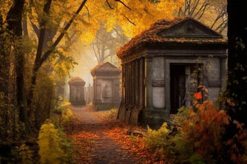 Autumn foliage surrounds ancient tombs at Jewish cemetery in Warsaw. Generative AI