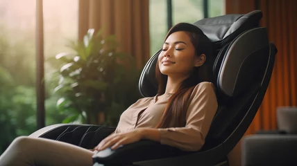 Keuken foto achterwand Massagesalon Woman relaxing on electric massage chair in living room.
