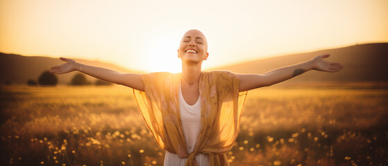 Backlit Portrait of calm happy smiling free breast cancer survivor woman with open arms and closed eyes enjoys a beautiful moment life on the fields at sunset