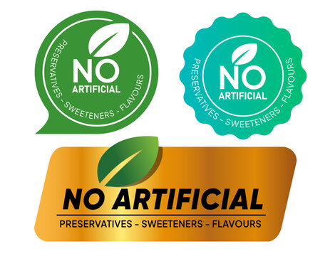 No artificial preservatives sweeteners flavors gold green leaves symbol stamp label symbol packaging sticker