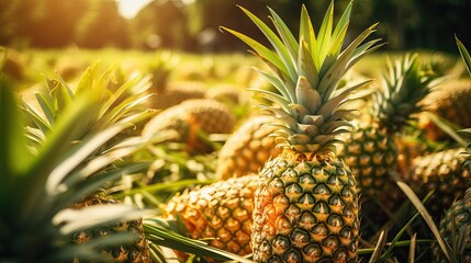 Close-up ripe pineapple fruit in plantation. Tropical pineapple fruit with beautiful light. - obrazy, fototapety, plakaty