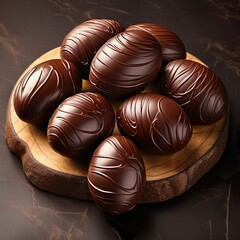 Naklejka premium a group of chocolate easter eggs on a brown surface