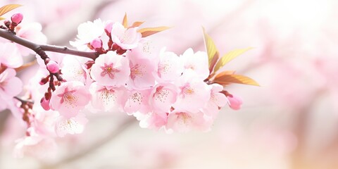 spring horizontal banner with pink sakura flowers on sunny backdrop, nature background a branch of blooming cherry blossom