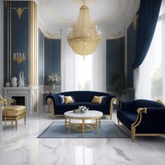 interior design, blue and golden empty living room, mansion, Generative AI
