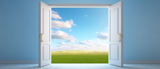 illustration of a door in an empty room with a sky background