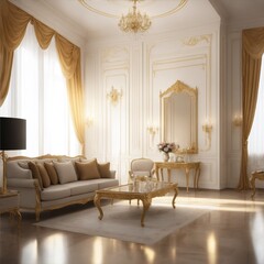 interior design, marble and golden empty living room, mansion, Generative AI