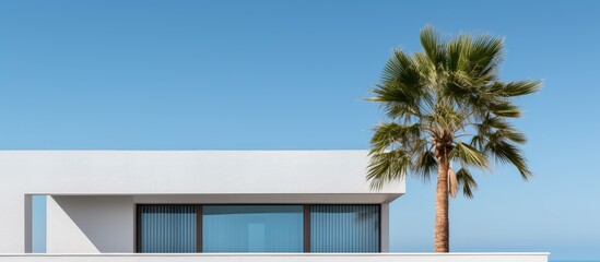 Part of a contemporary home s front and a palm tree s top
