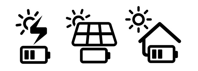 Solar cell panel in house charging battery electricity from sun icon set