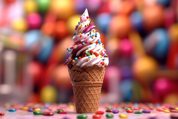 Food concept. One ice cream cone with sprinkles in vivid background with copy space