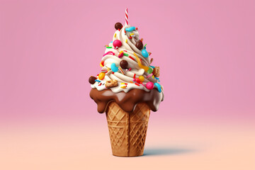 Food concept. One ice cream cone with sprinkles in vivid background with copy space