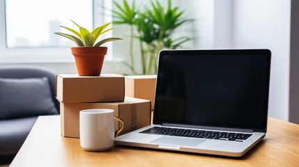 Desk with a laptop, plants, a coffee mug and unopened packages, generative ai