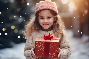 A small cute child is holding a present gift box with a red ribbon, exchanging gifts on a holiday occasion,