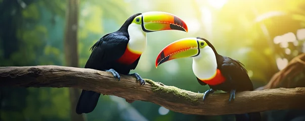 Poster nature horizontal background, two beautiful toucan birds on a branch in forest, couple of birds on copy space blurred background © Gethuk_Studio