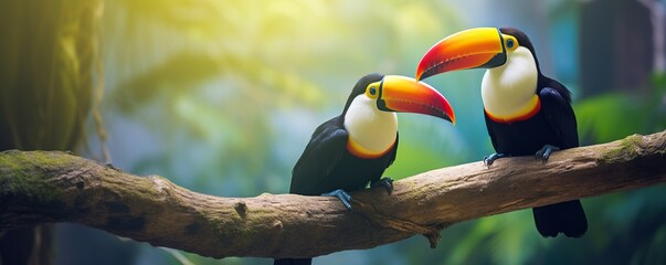 nature horizontal background, two beautiful toucan birds on a branch in forest, couple of birds on...