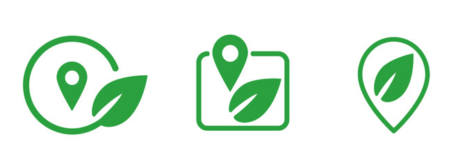 Eco travel location environmental friendly green ecology map pointer pin emblem vector symbol