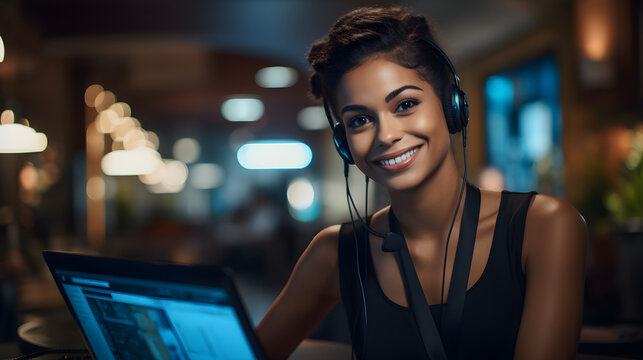 Laptop-wielding customer service representative aids clients with a smile