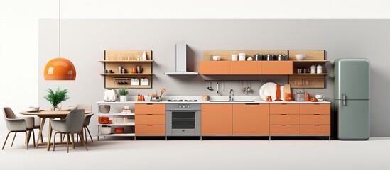 Furniture and kitchen equipment shown alone on white