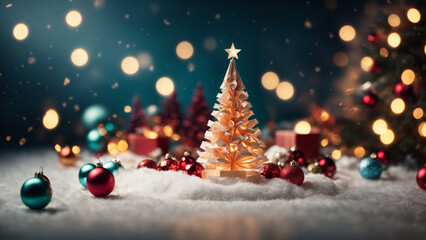 Christmas and winter concept, Christmas paper tree and some hanging ornaments, on a fluffy carpet, with bokeh effect. AI generated