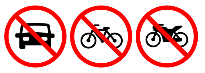 Restricted prohibit car motorcycle bike bicycle motorbike not allowed road sign crossed circle red white